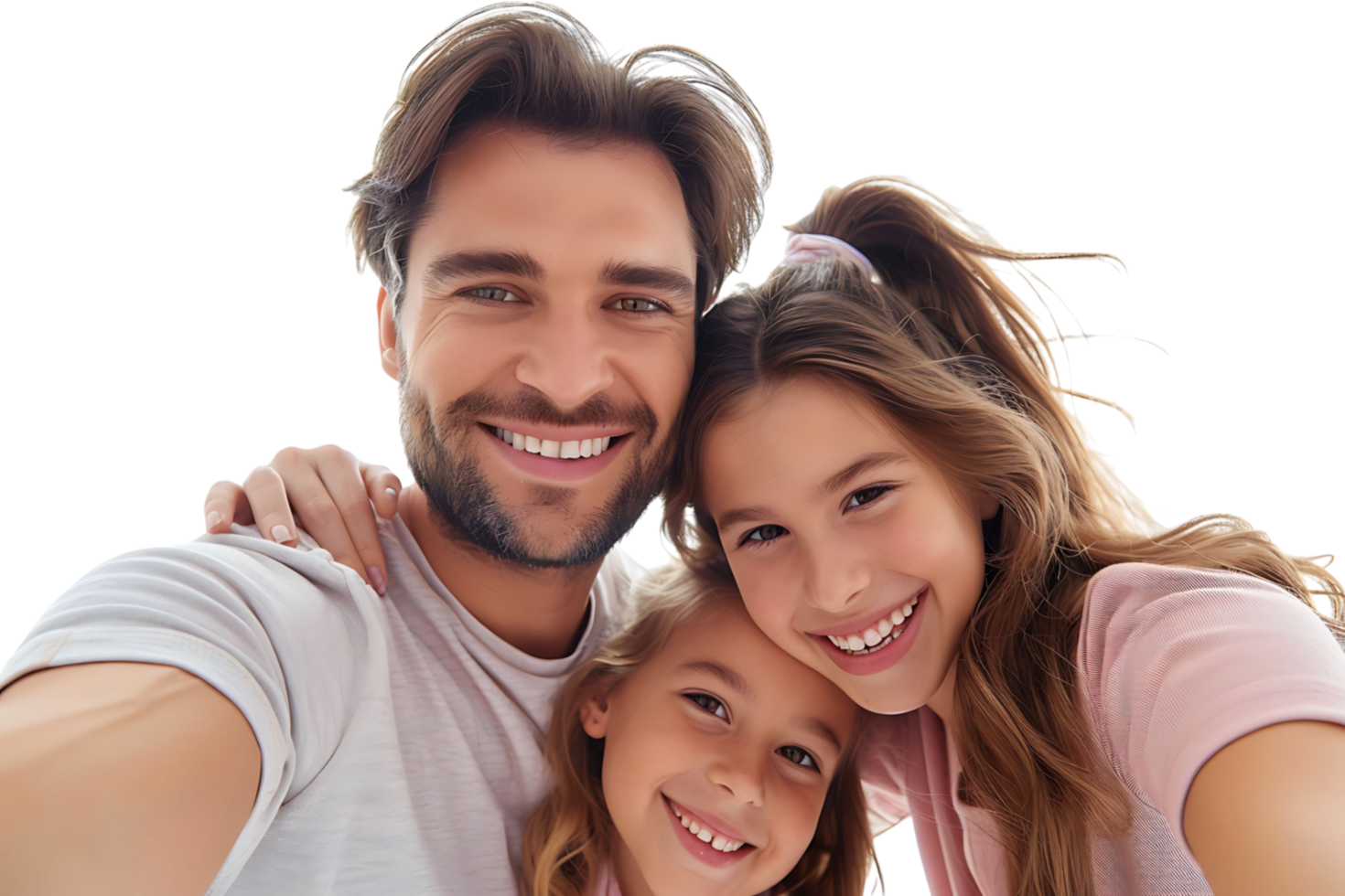 Photo of adorable family portrait people cuddle small daughter take selfie on isolated transparent background png