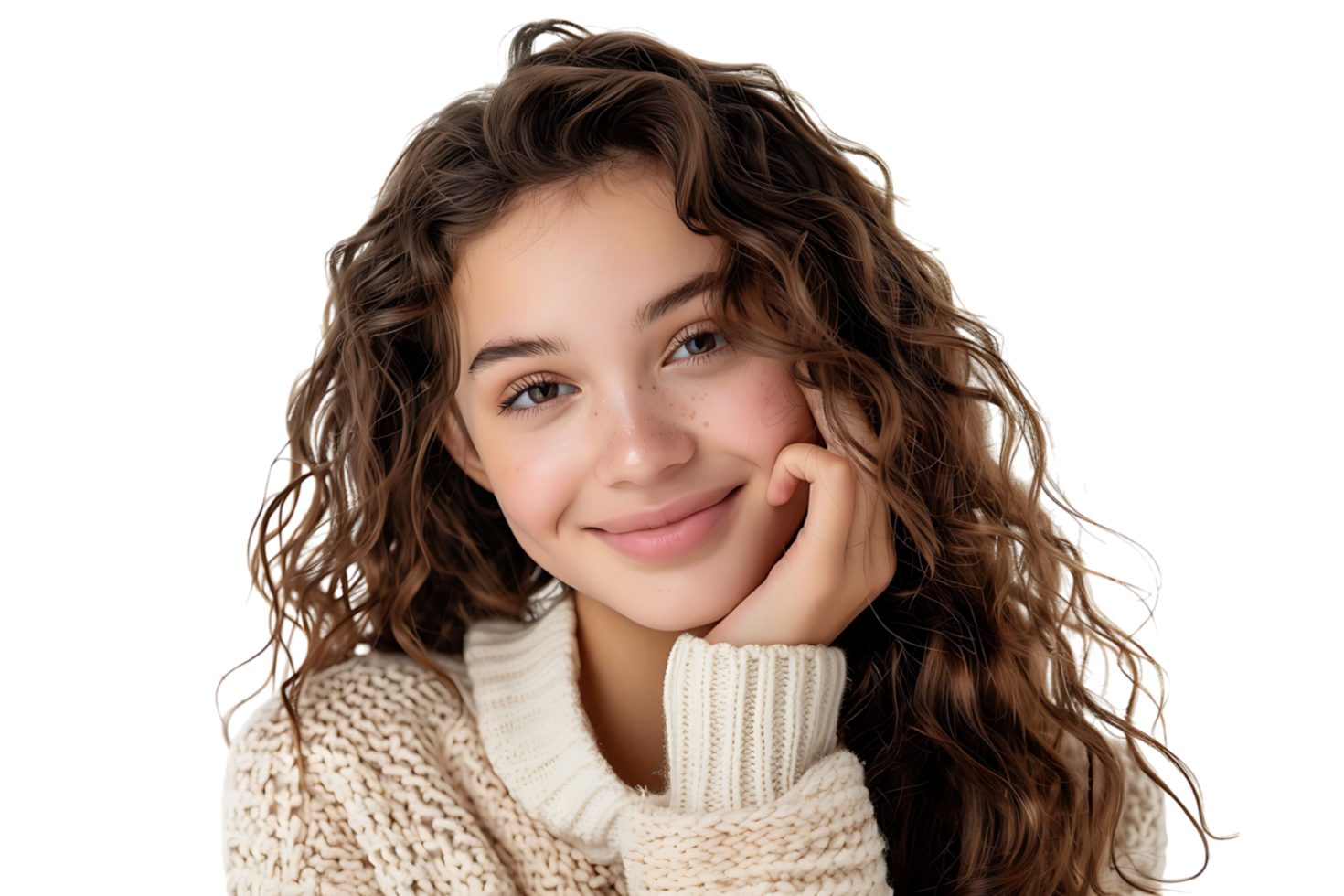 Cheerful Girl Touching Face Smiling To Camera, on isolated transparent background png