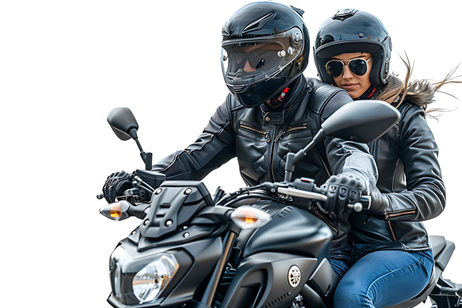 Couple of bikers in helmets riding motorcycle on isolated transparent background png