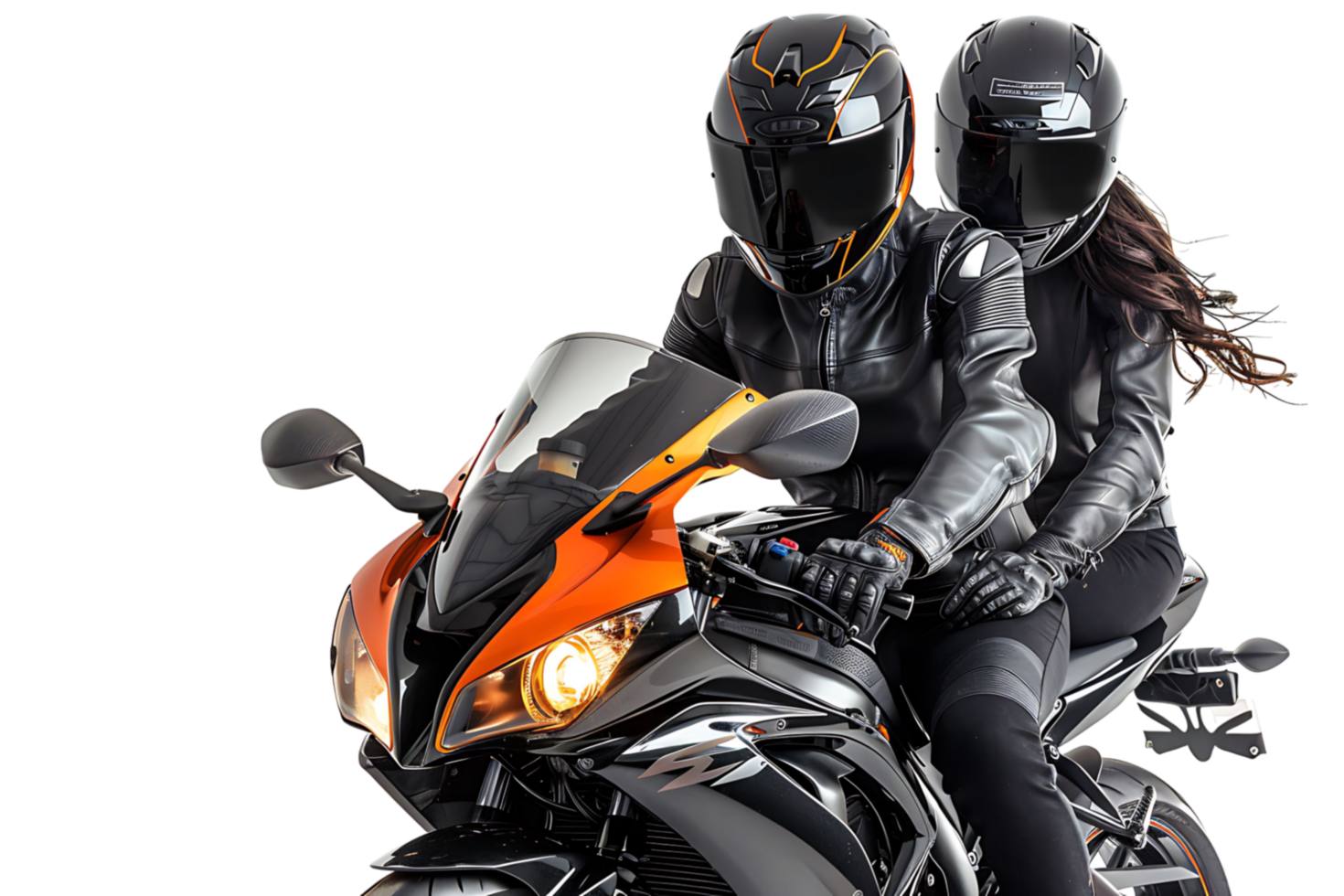 Couple of bikers in helmets riding motorcycle on isolated transparent background png
