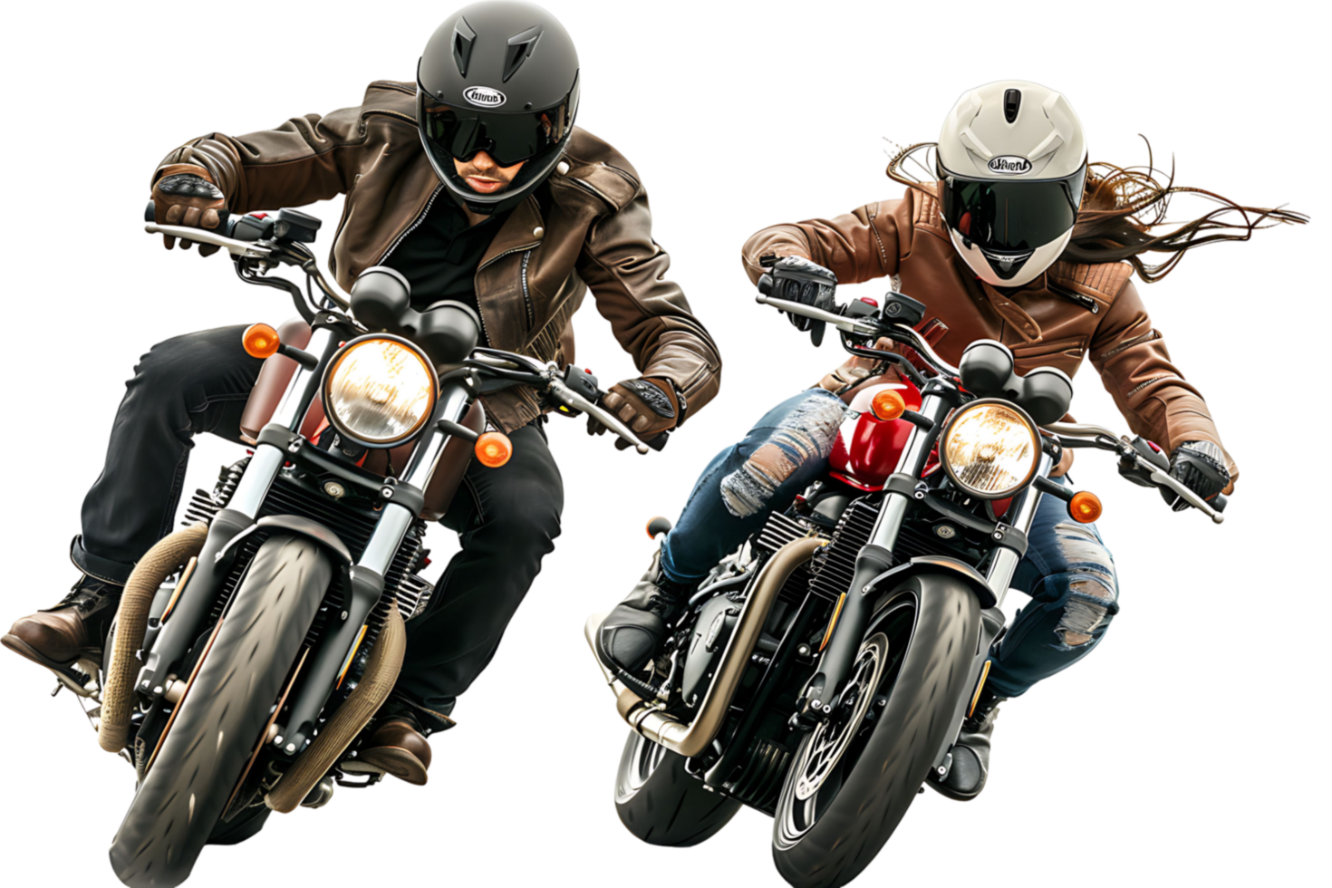 Couple of bikers in helmets riding motorcycle on isolated transparent background png