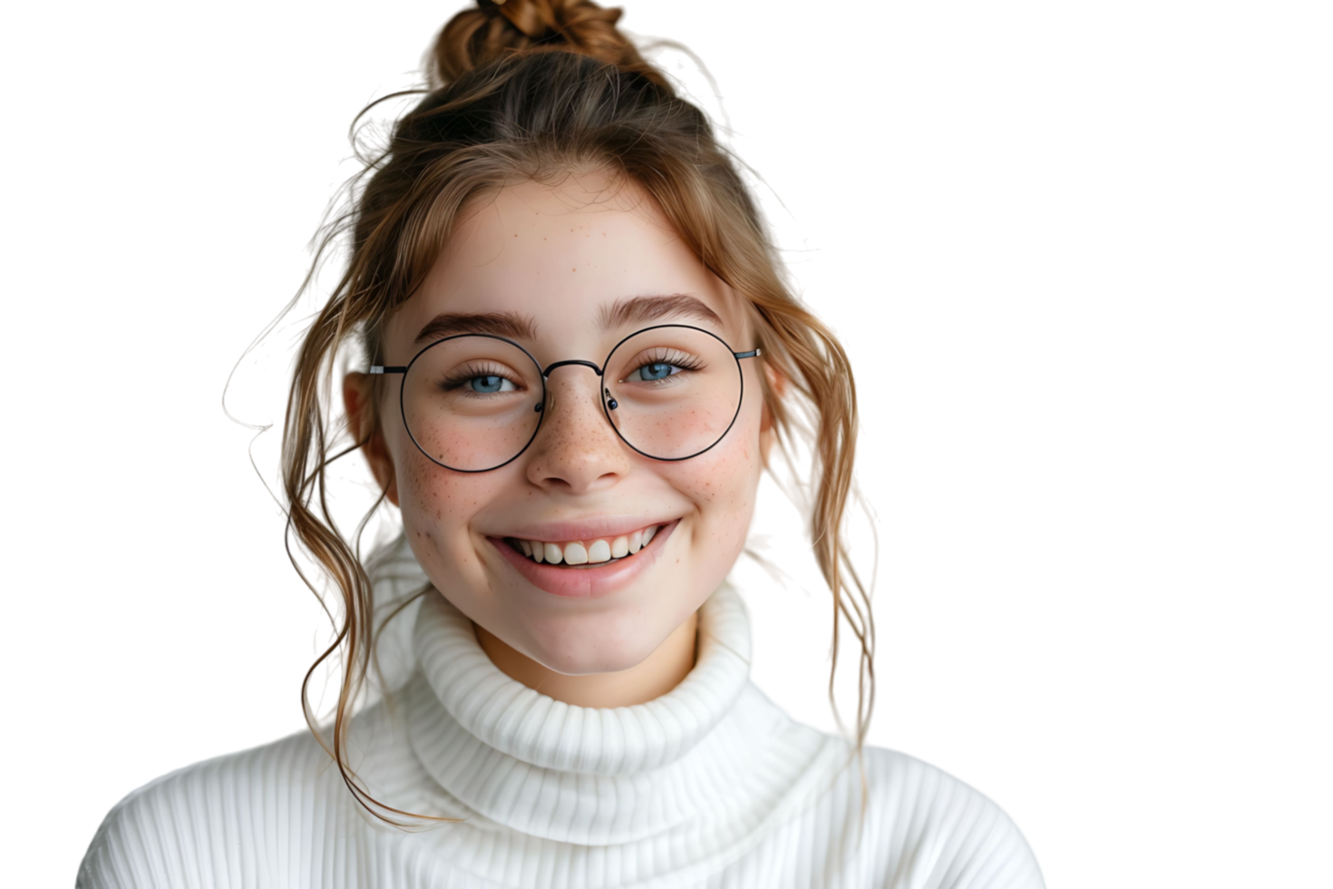 Happy teen girl wearing white turtleneck and eyeglasses isolated on transparent background png