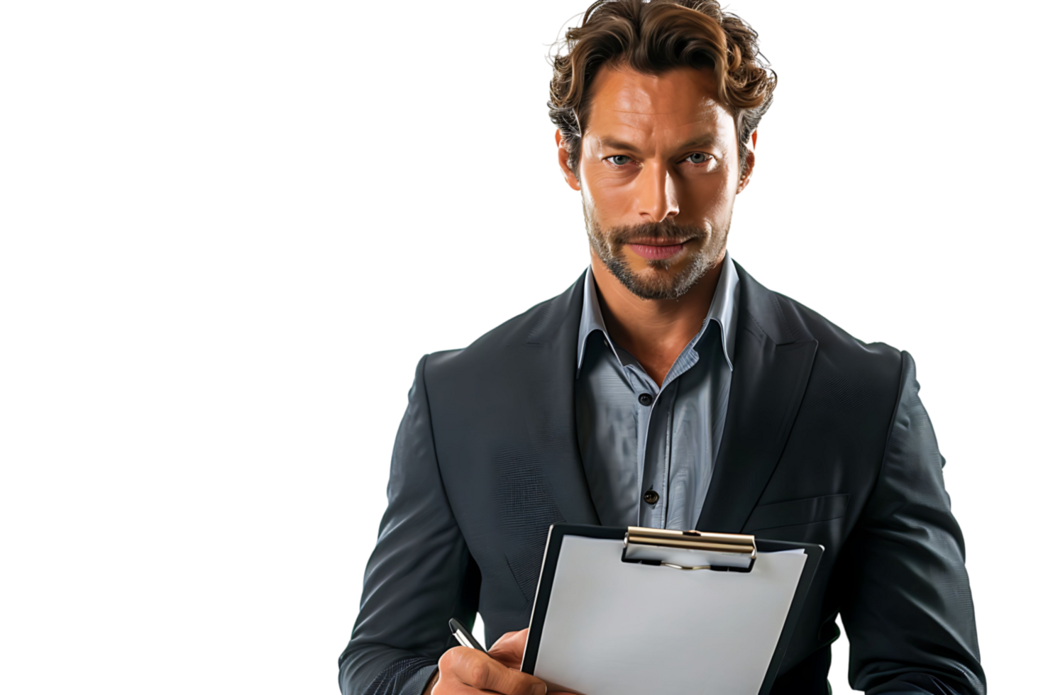 Handsome supervisor writing notes on clip board on isolated transparent background png