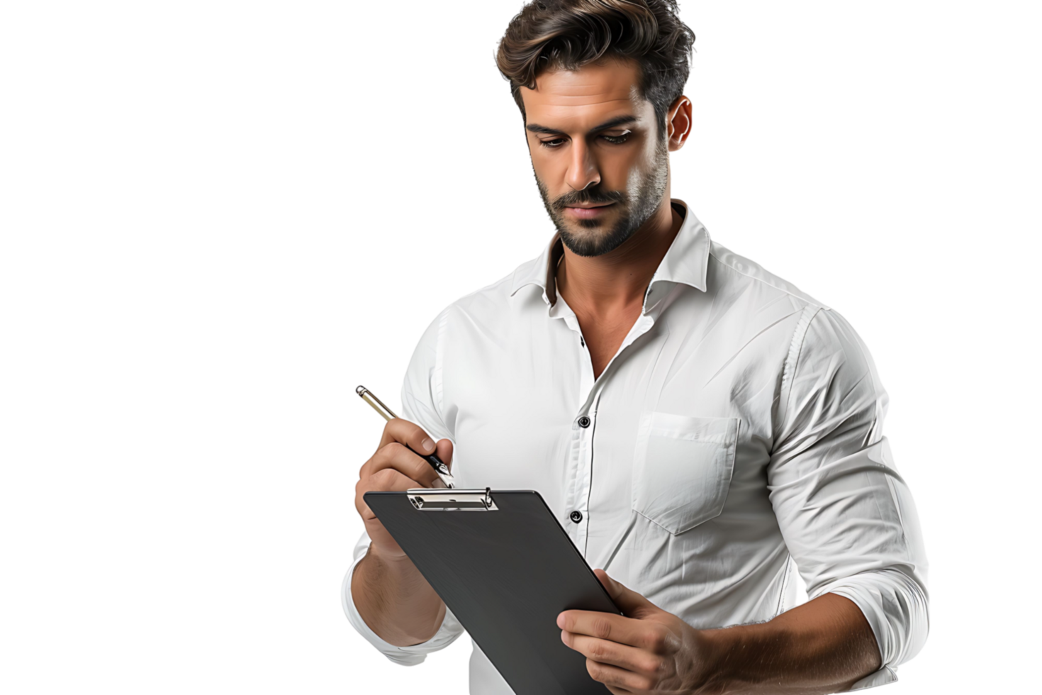 Handsome supervisor writing notes on clip board on isolated transparent background png