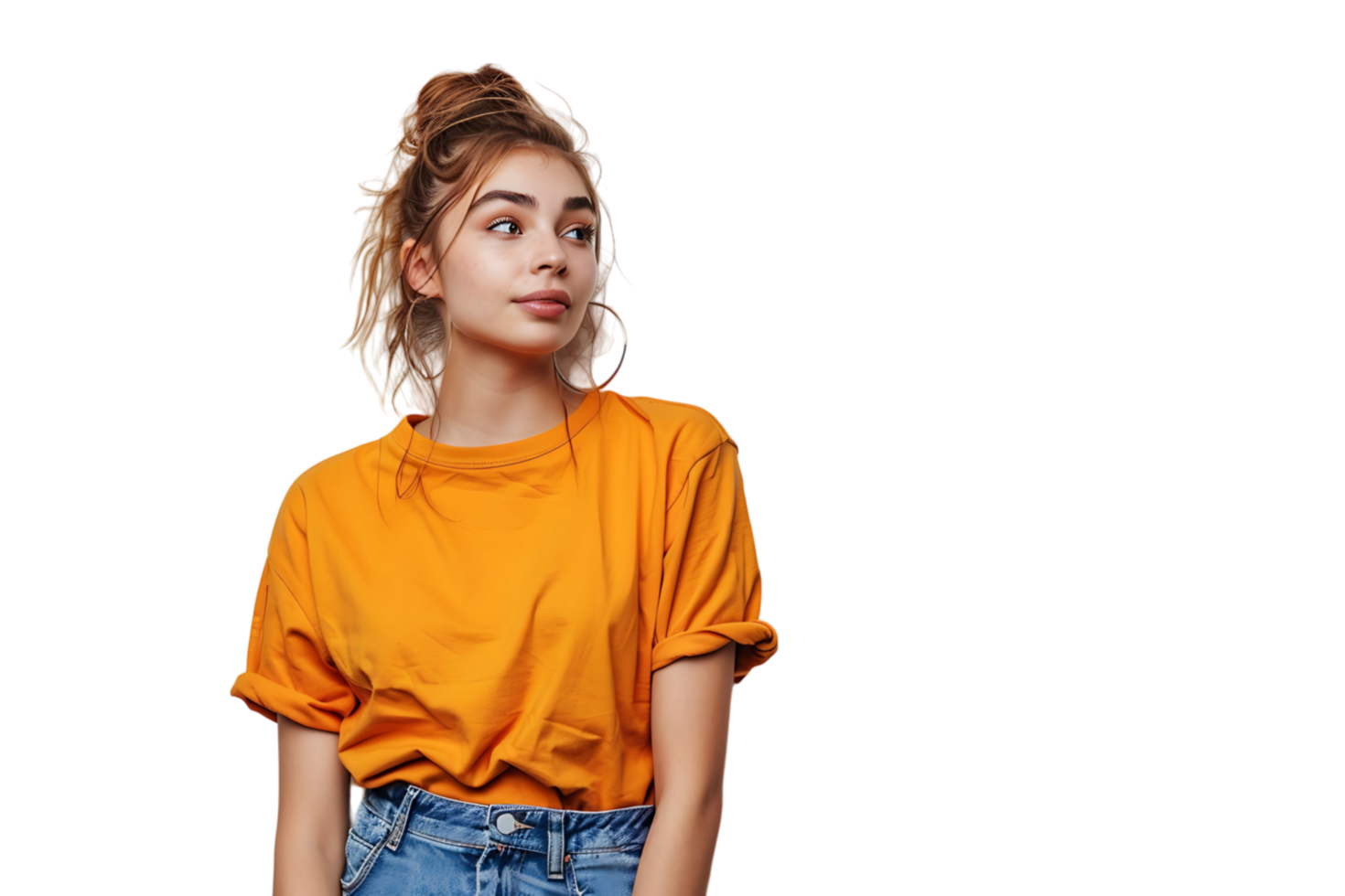 Young woman standing looking aside on isolated transparent background png