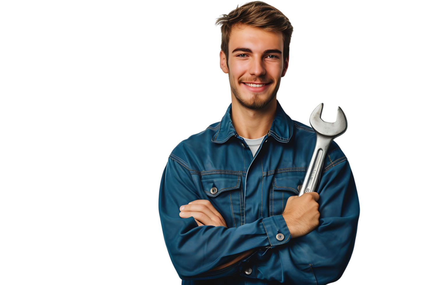 Portrait of a young mechanic holding a wrench on isolated transparent background png