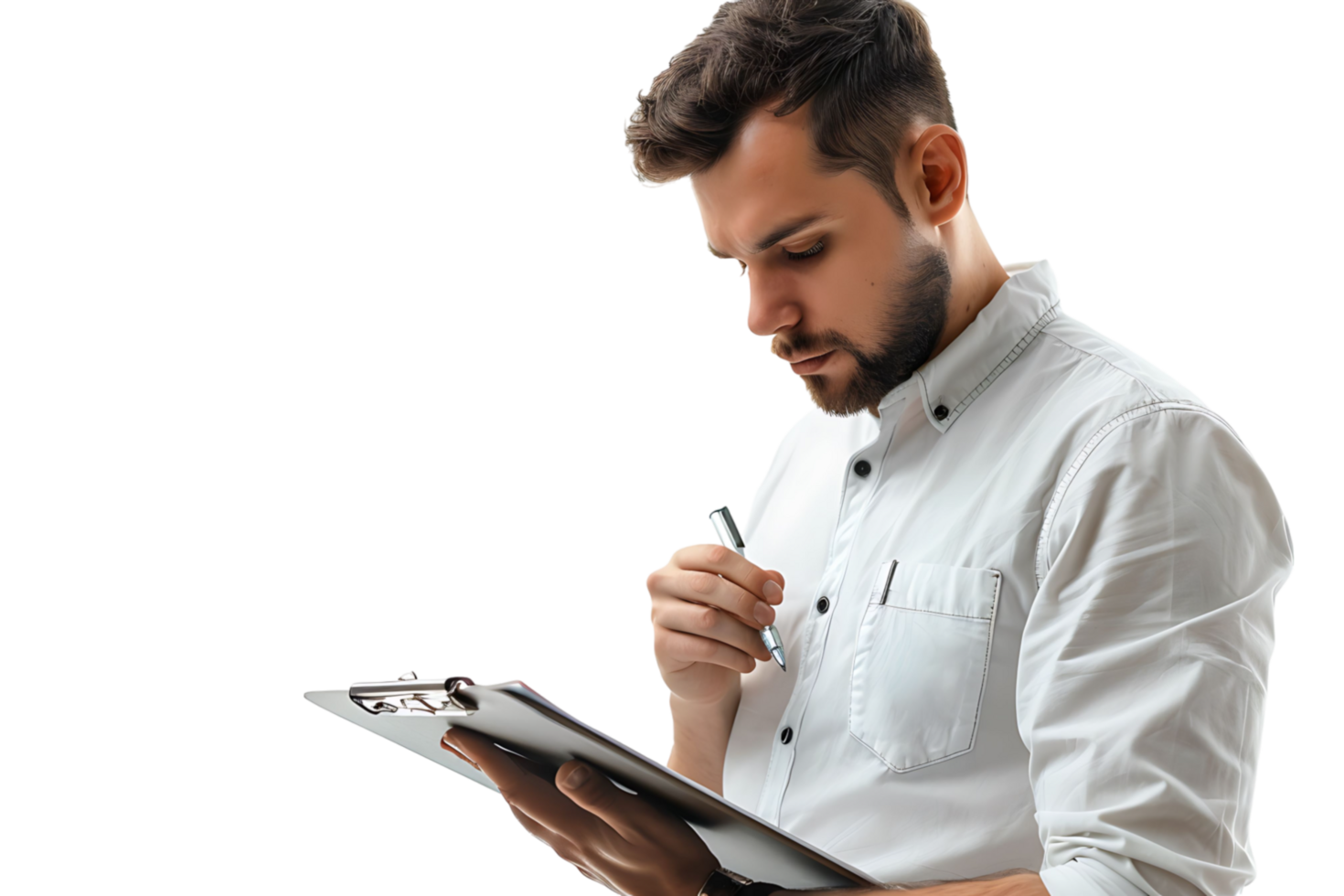 Handsome supervisor writing notes on clip board on isolated transparent background png
