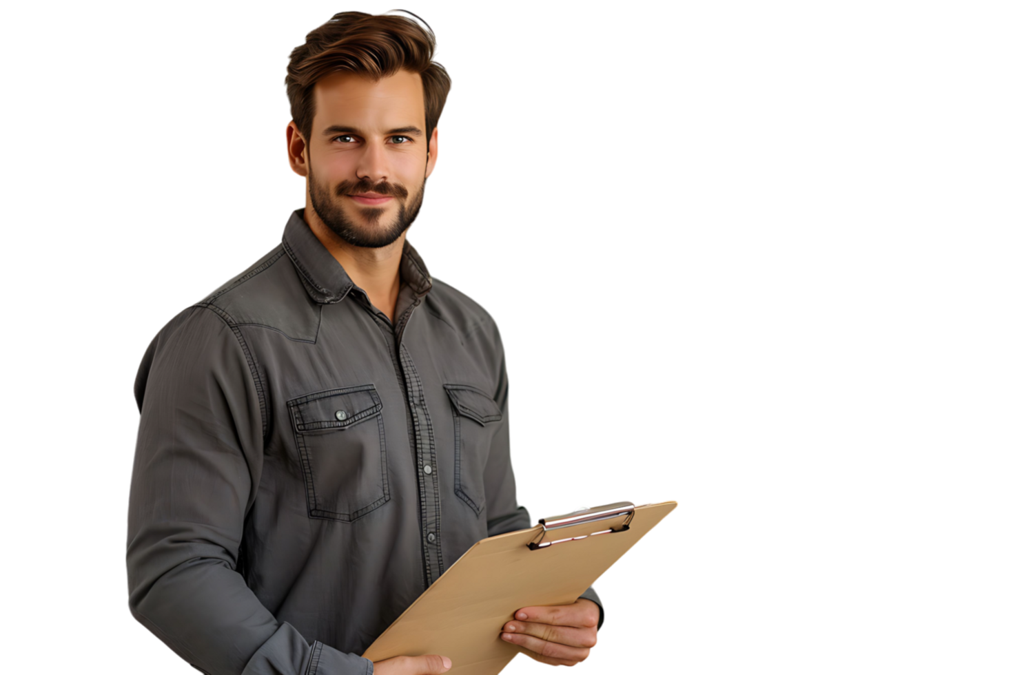 Handsome supervisor writing notes on clip board on isolated transparent background png