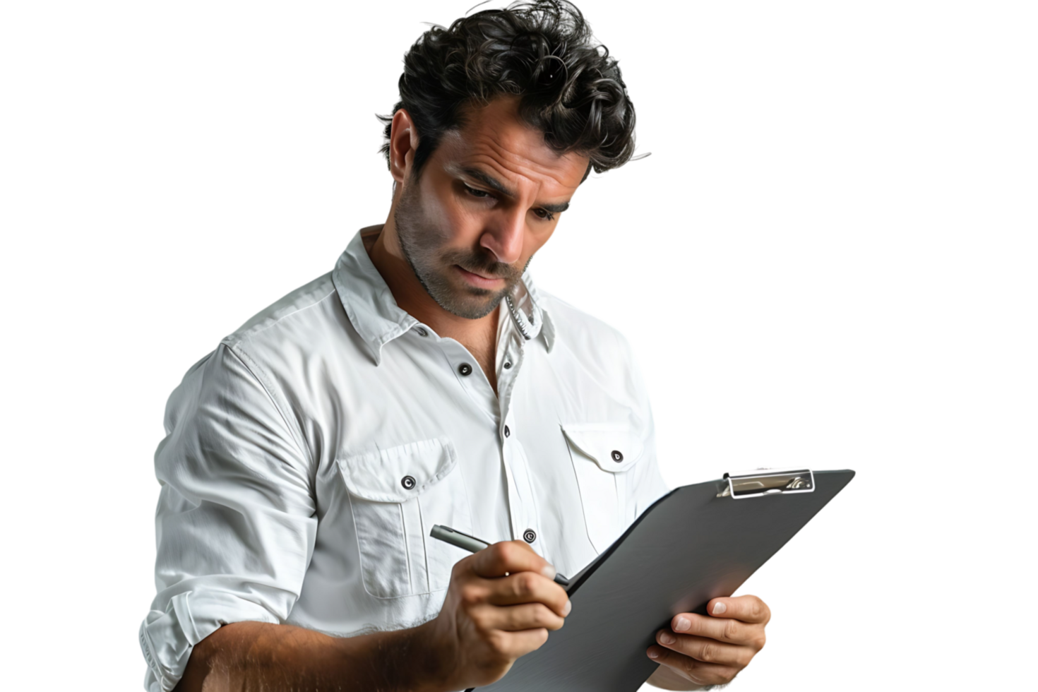 Handsome supervisor writing notes on clip board on isolated transparent background png