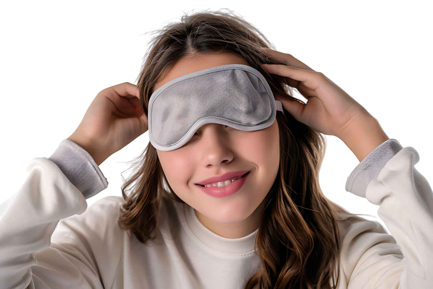 Young happy smiling girl wearing eye mask on isolated transparent background png