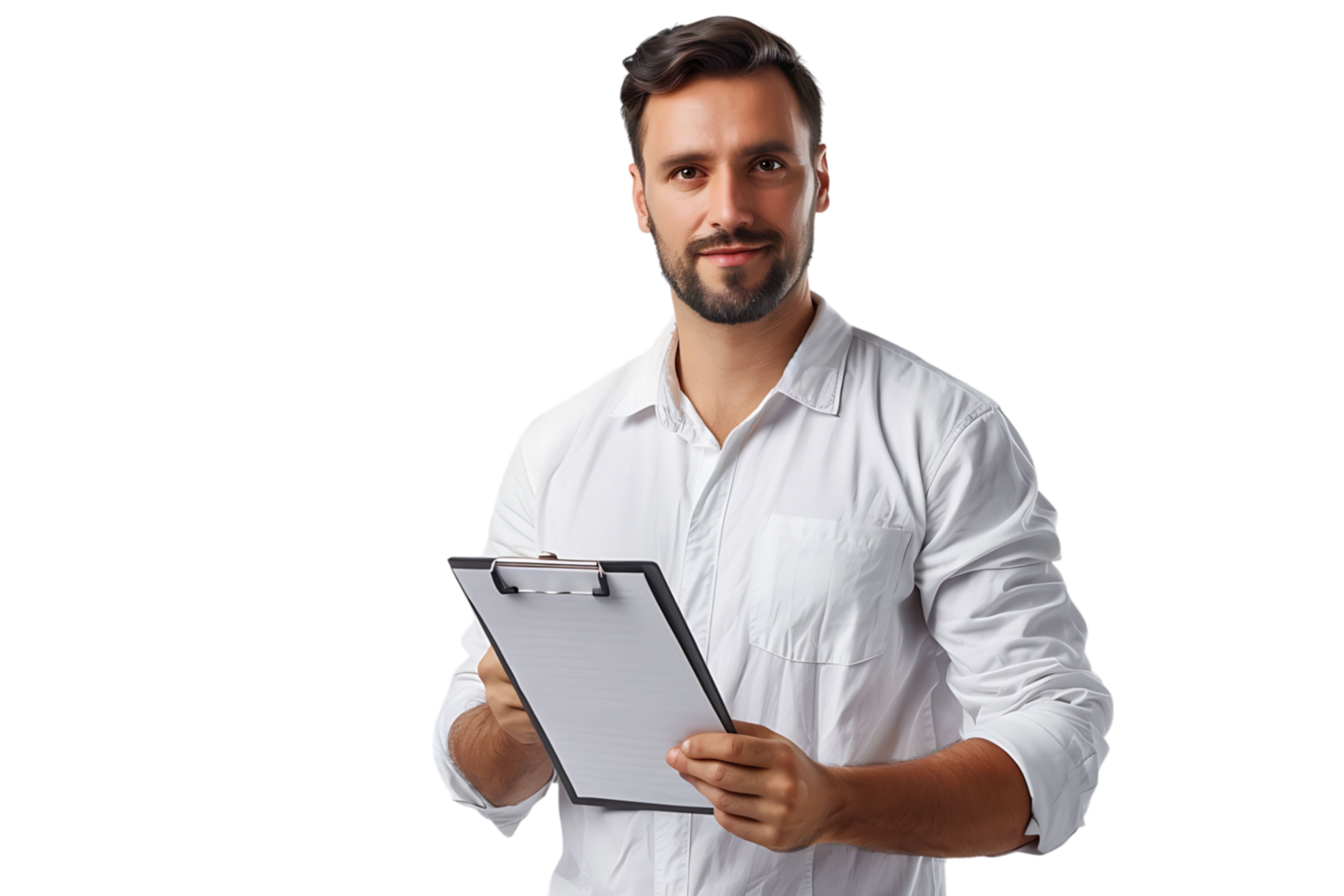 Handsome supervisor writing notes on clip board on isolated transparent background png