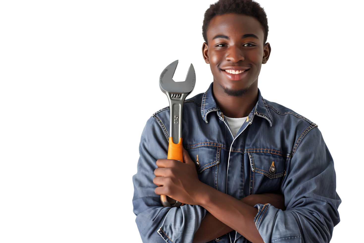 Portrait of a young mechanic holding a wrench on isolated transparent background png