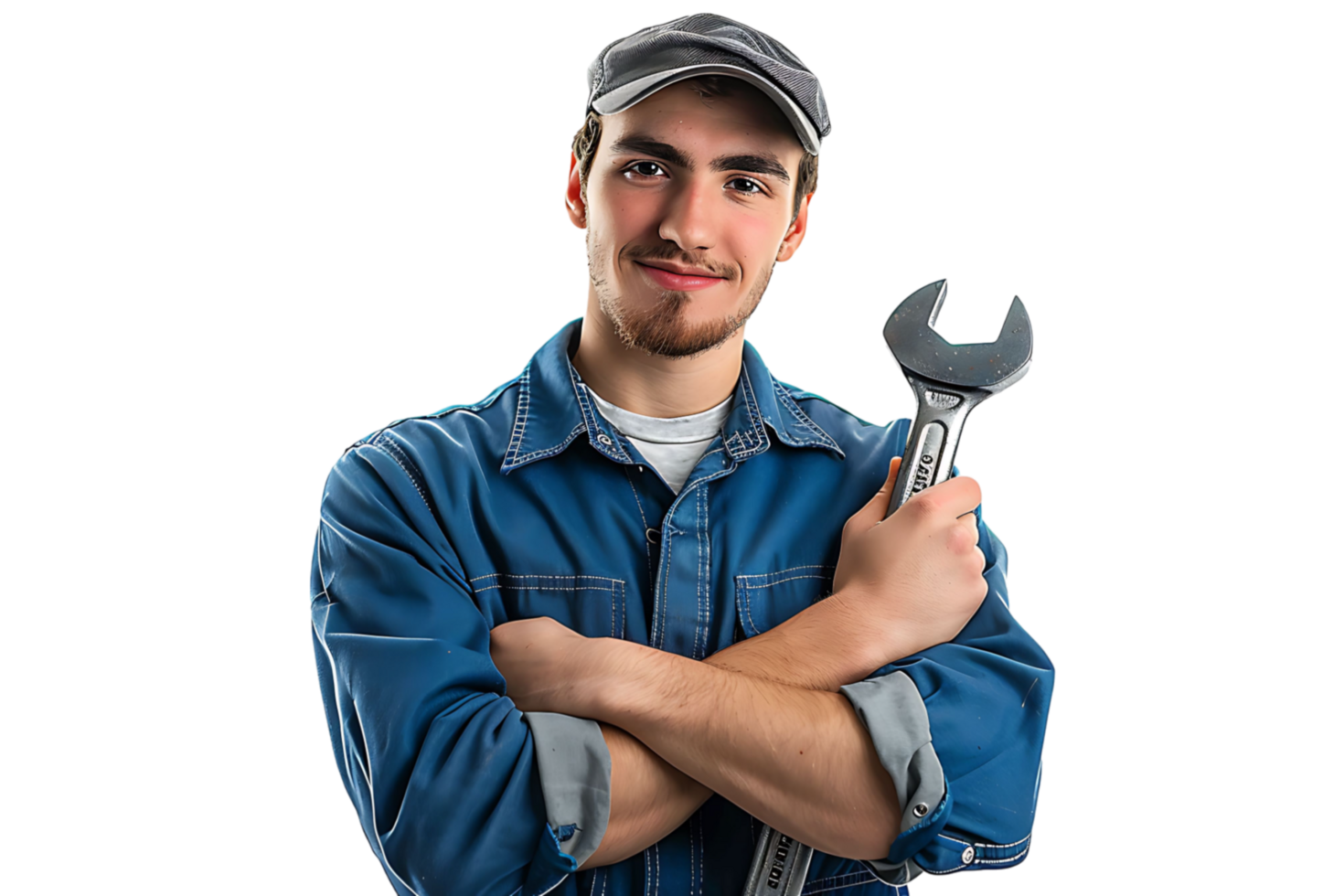 Portrait of a young mechanic holding a wrench on isolated transparent background png