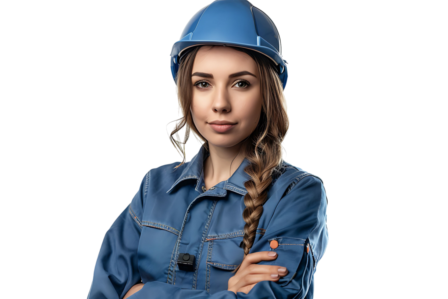 ziemlich jung bewaffnet weiblich Ingenieur im Blau Arbeitskleidung und Sicherheit Helm auf isoliert transparent Hintergrund png