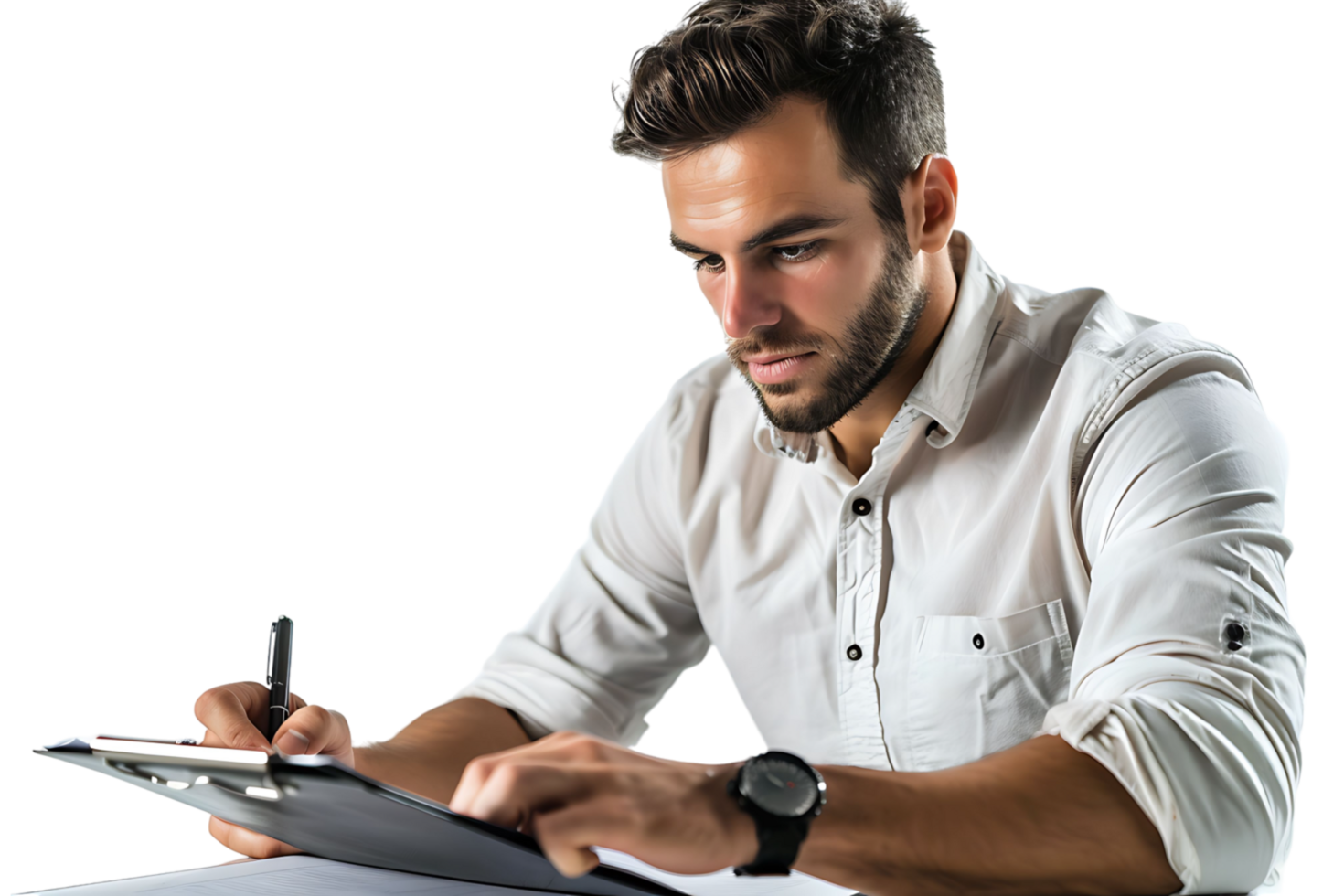 Handsome supervisor writing notes on clip board on isolated transparent background png