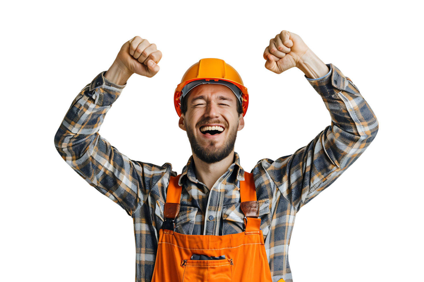 jovem construtor homem vestindo uniforme e segurança capacete com braços elevado em isolado transparente fundo png