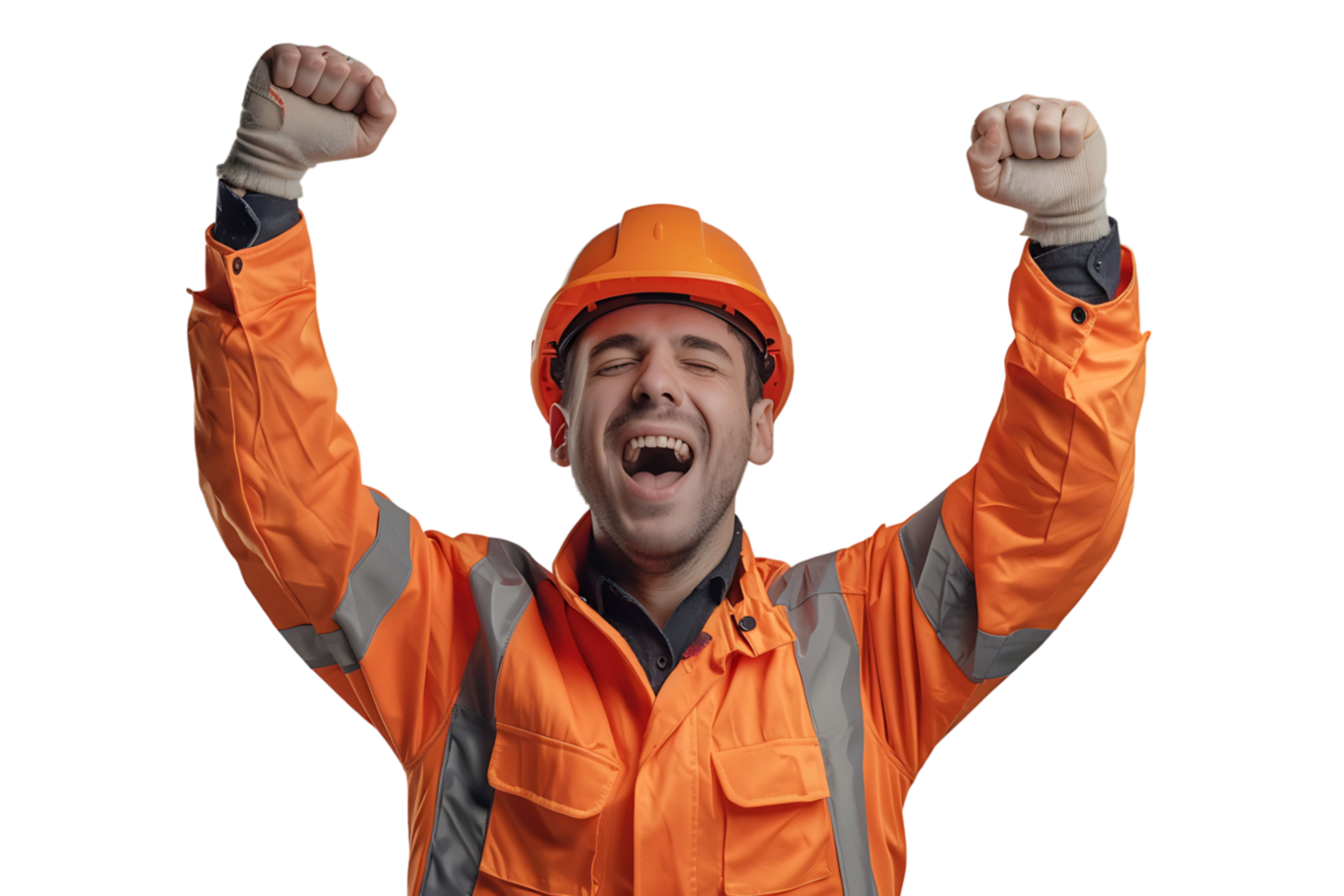 Young constructor man wearing uniform and security helmet with arms raised on isolated transparent background png