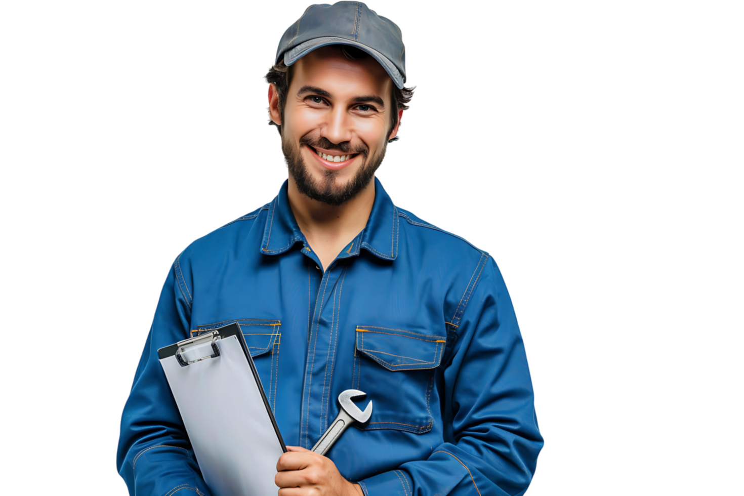 Portrait of a young mechanic holding a wrench on isolated transparent background png