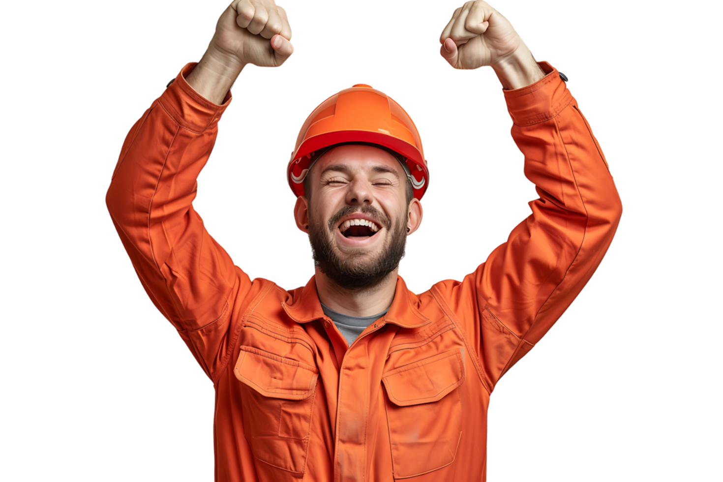 Young constructor man wearing uniform and security helmet with arms raised on isolated transparent background png