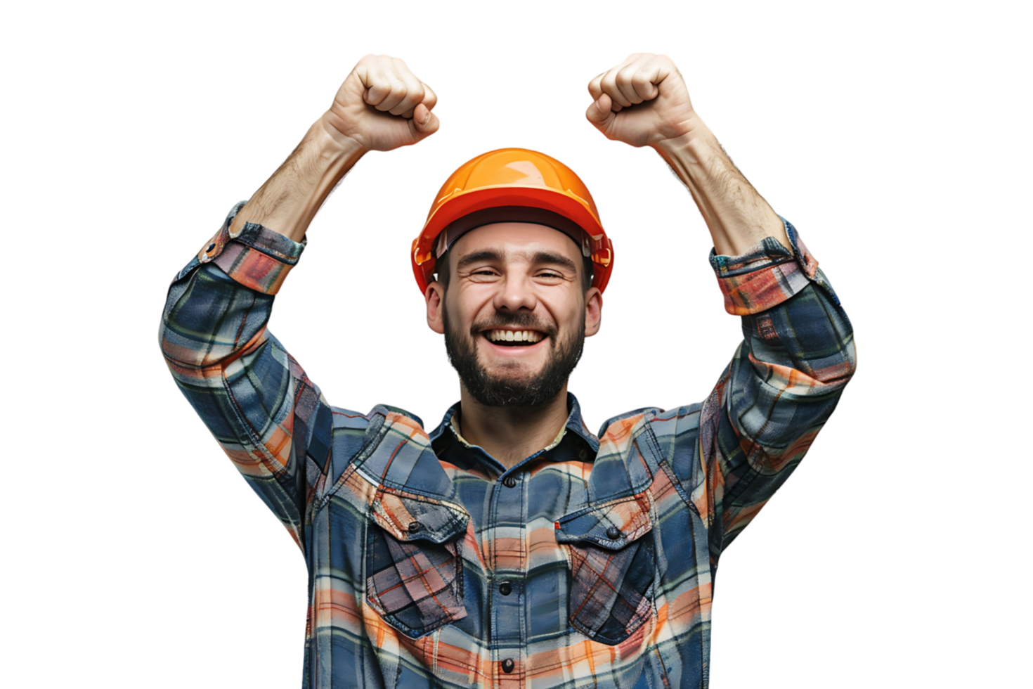 Young constructor man wearing uniform and security helmet with arms raised on isolated transparent background png