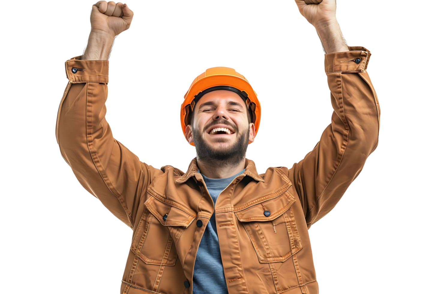 Young constructor man wearing uniform and security helmet with arms raised on isolated transparent background png