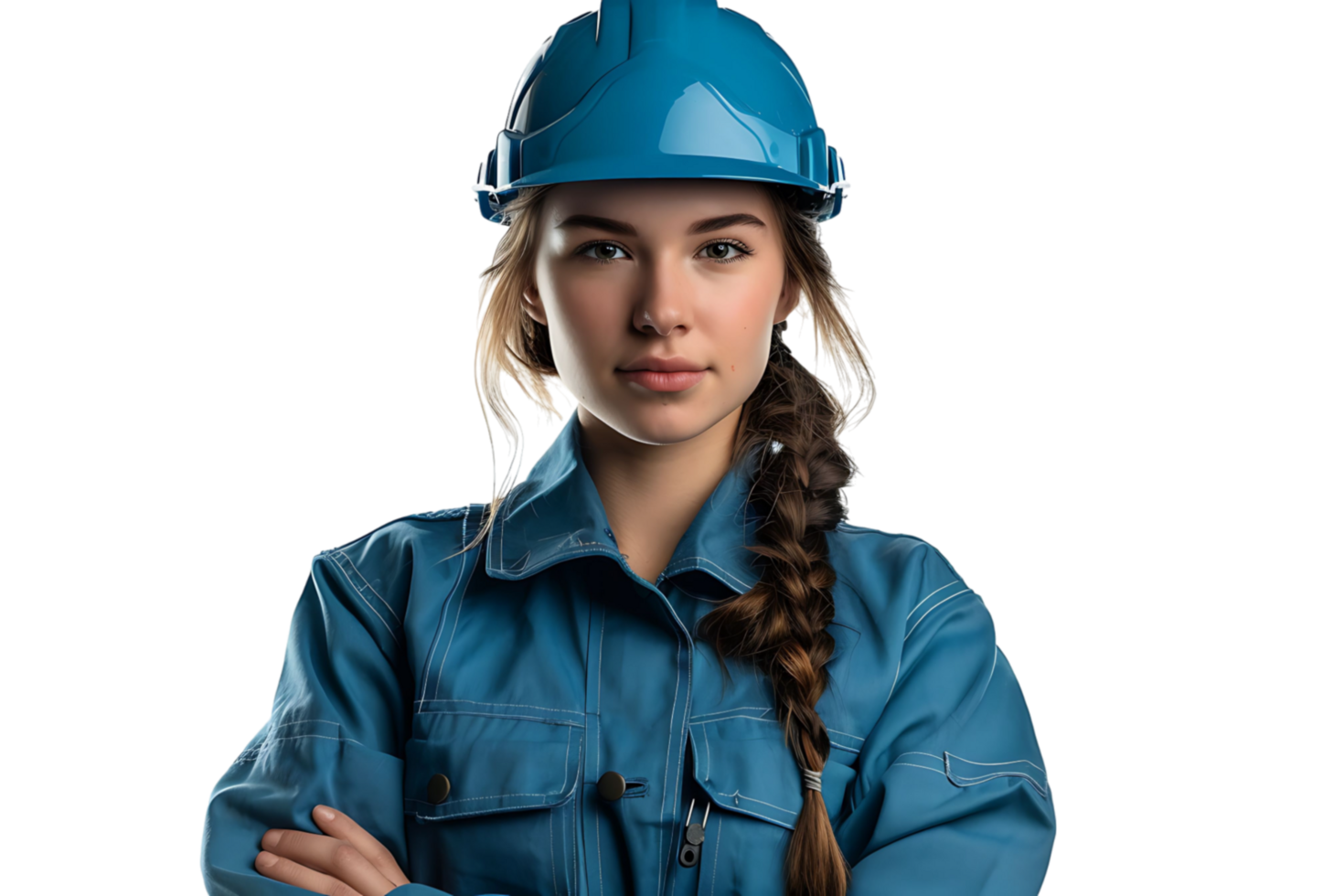 Pretty young cross-armed female engineer in blue workwear and safety helmet on isolated transparent background png