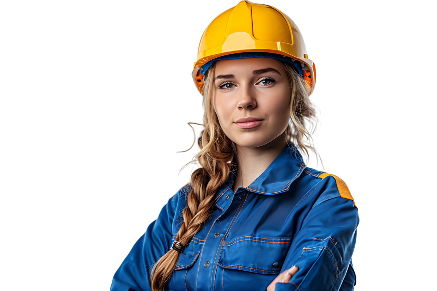 Pretty young cross-armed female engineer in blue workwear and safety helmet on isolated transparent background png