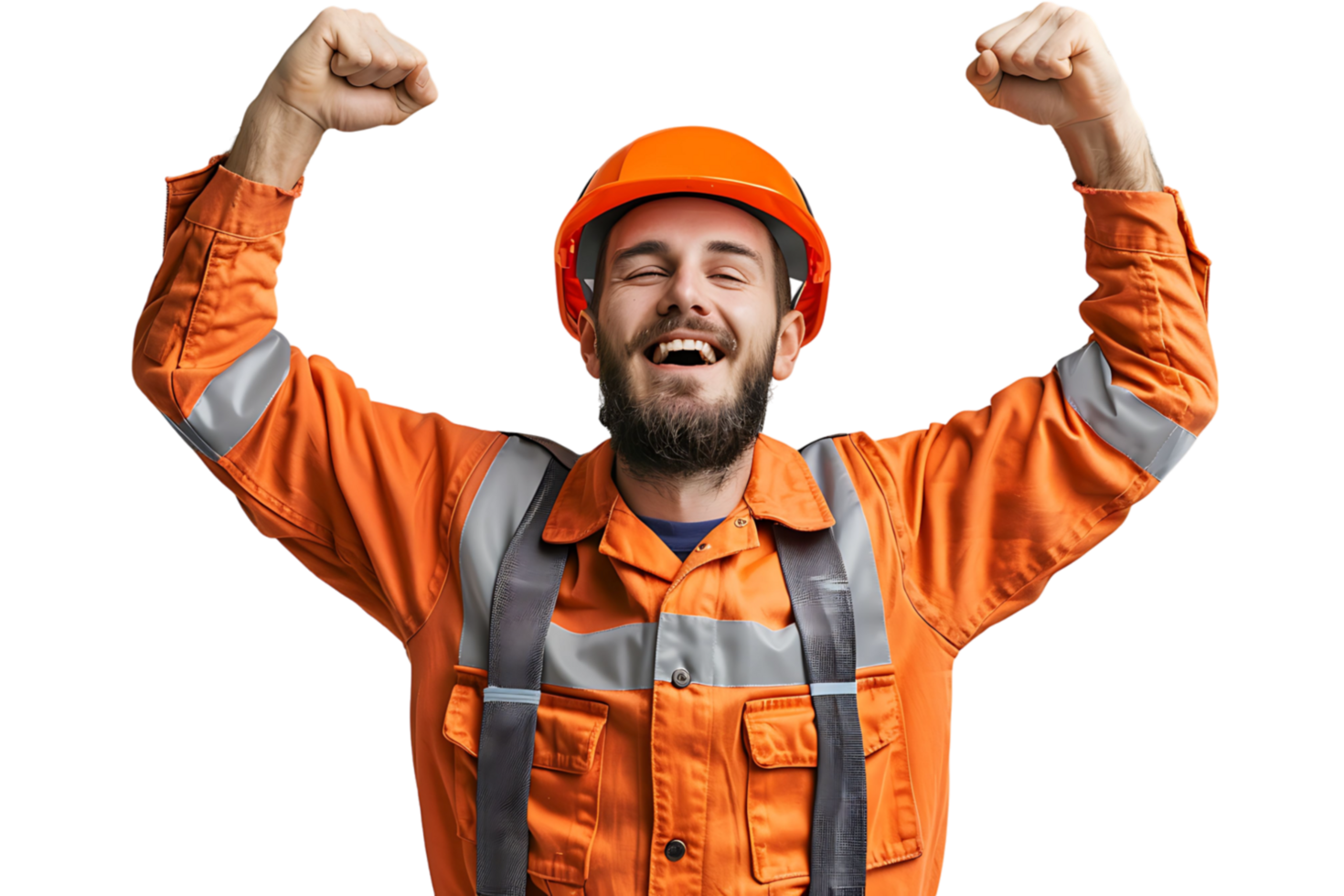 Young constructor man wearing uniform and security helmet with arms raised on isolated transparent background png