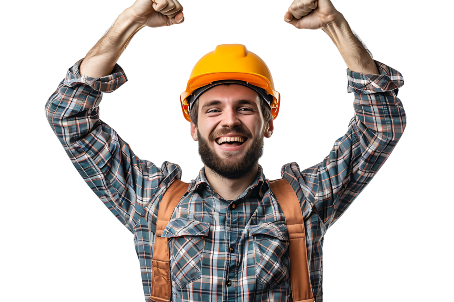 jovem construtor homem vestindo uniforme e segurança capacete com braços elevado em isolado transparente fundo png