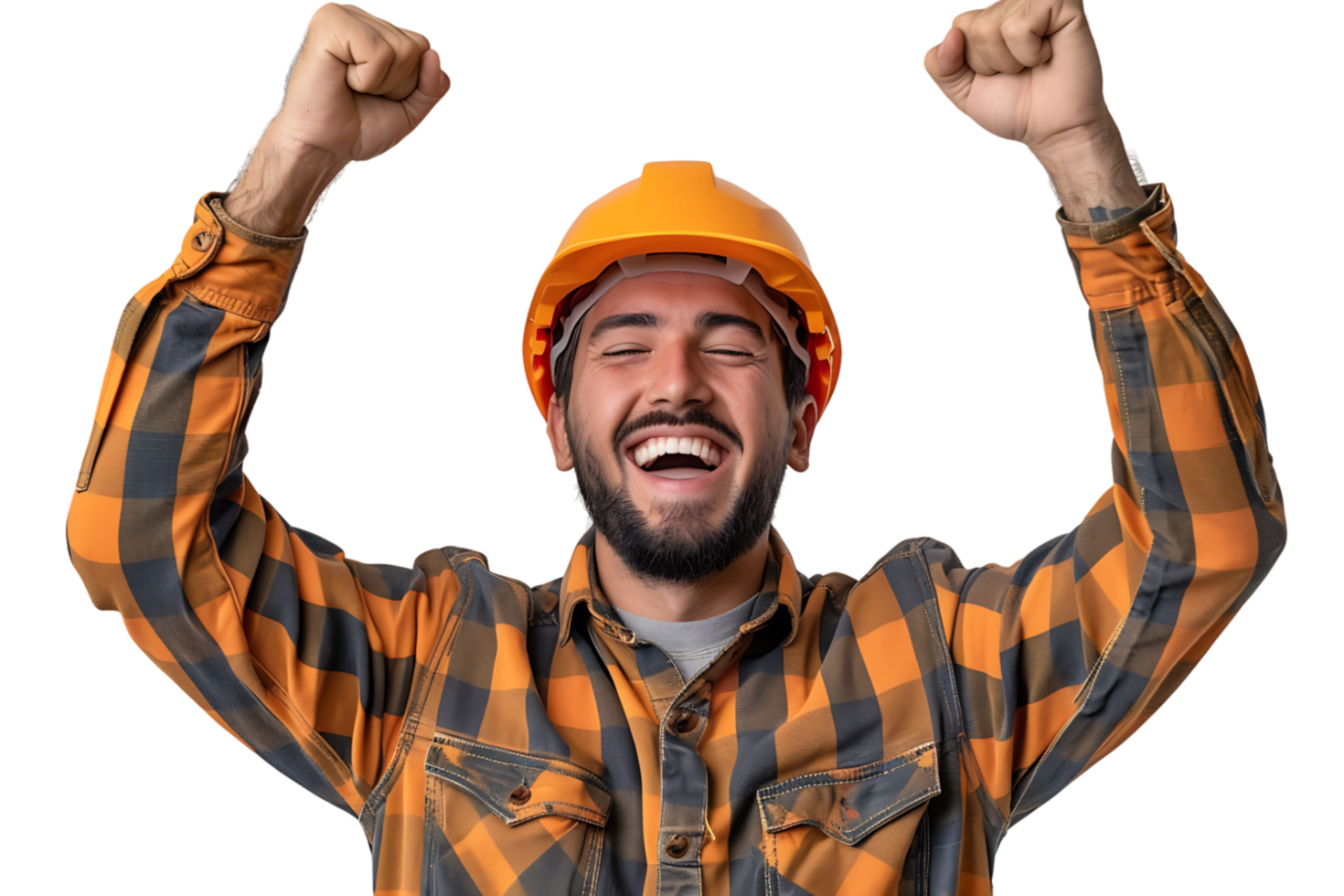 jovem construtor homem vestindo uniforme e segurança capacete com braços elevado em isolado transparente fundo png