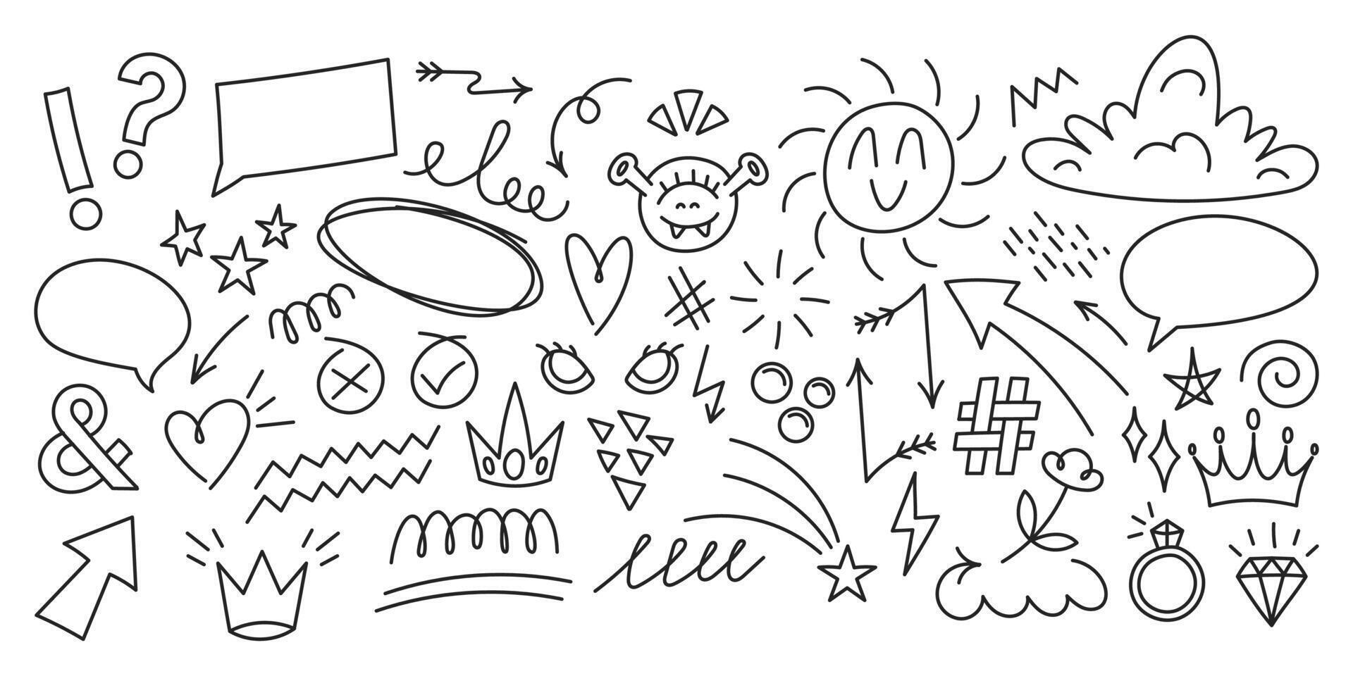 Sketch line arrow element, star, heart shape. Hand drawn circle in doodle sketch style, set of grunge cloud speech bubble elements. Arrow, star, heart shaped decoration. illustration vector