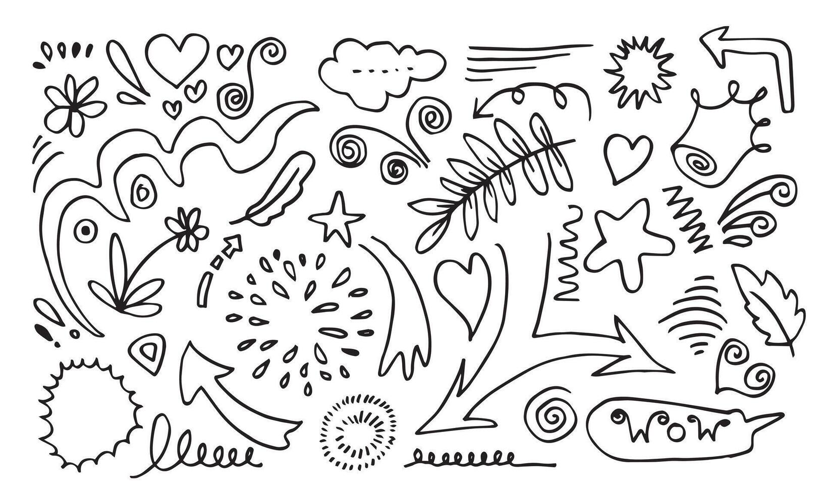 Hand drawn set elements, black on white background. Arrow, heart, love, star, leaf, sun, light, flower, crown, king, queen,Swishes, swoops, emphasis ,swirl, heart, for concept design. vector