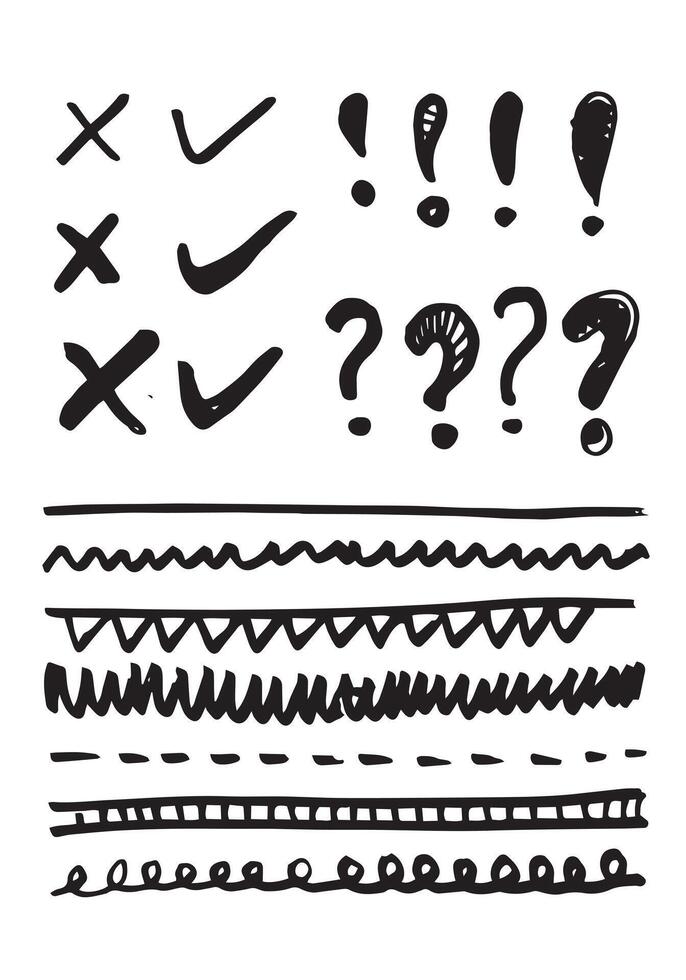 Doodle lines and curves. Hand drawn check and exclamation mark. Set of simple doodle lines, question mark and spots. Collection of pencil effects.Simple doodle set. vector