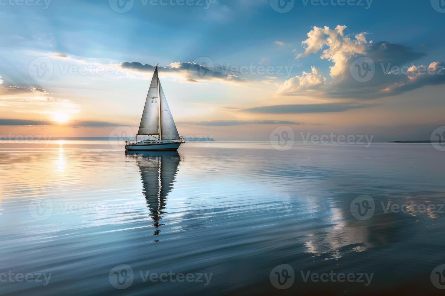 Sailboat drifting lazily on calm lake, its sails billowing in the gentle summer breeze photo
