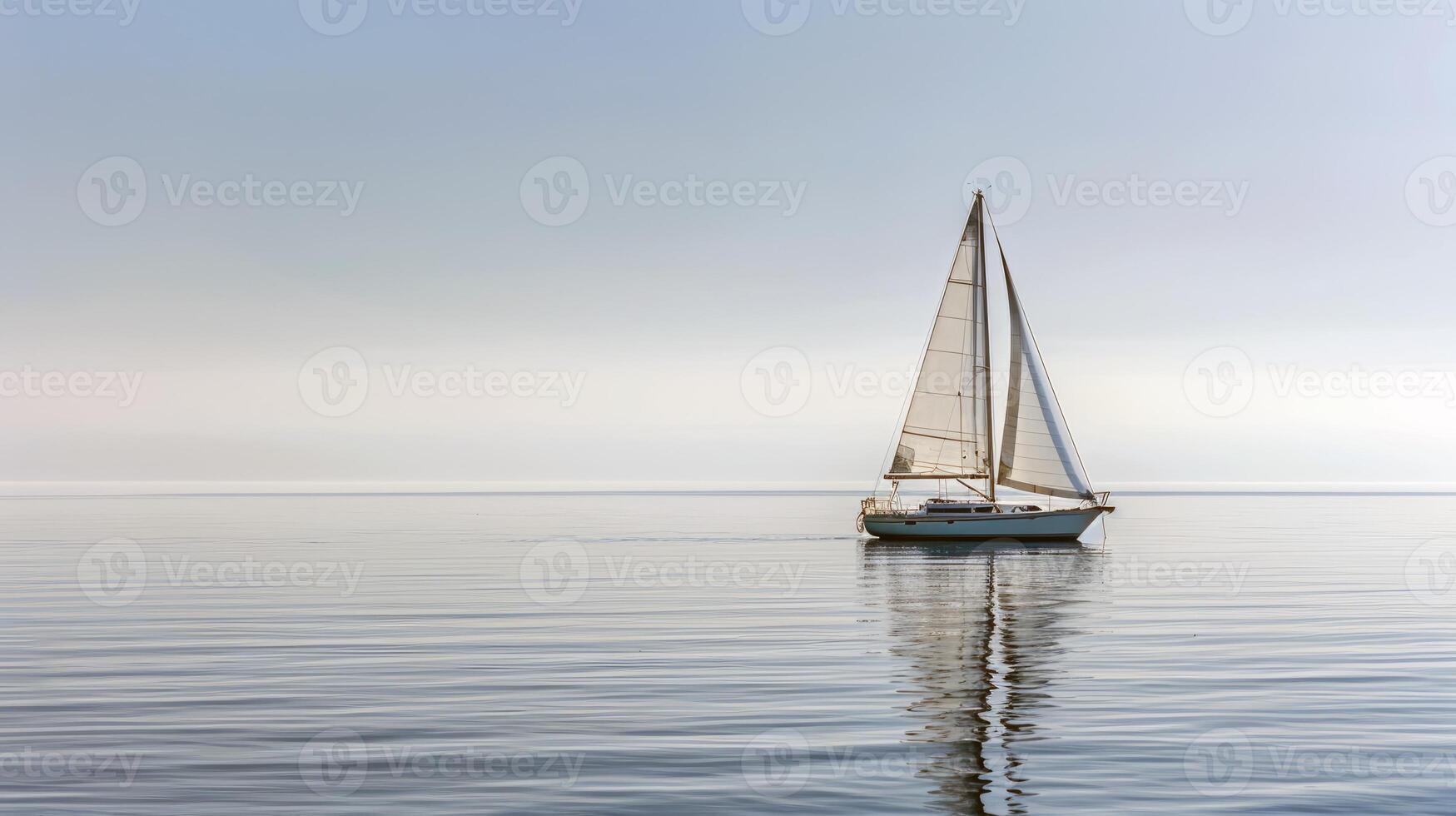 Sailboat drifting lazily on calm lake, its sails billowing in the gentle summer breeze photo