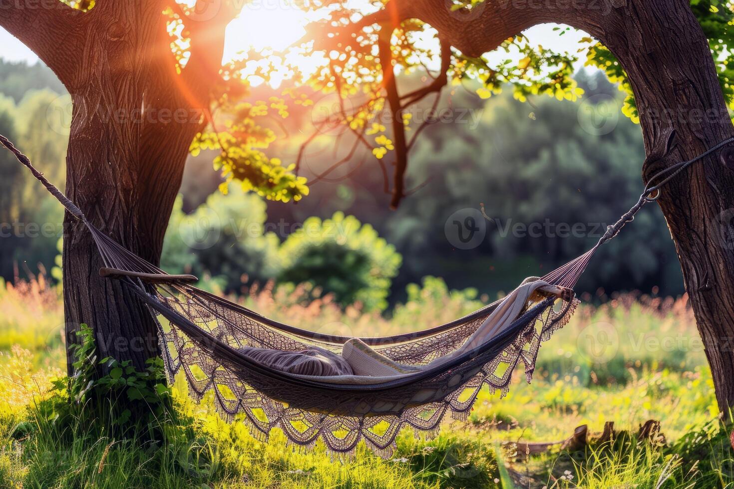 Woman relaxing in a hammock strung between two palm trees, a book in her hand photo