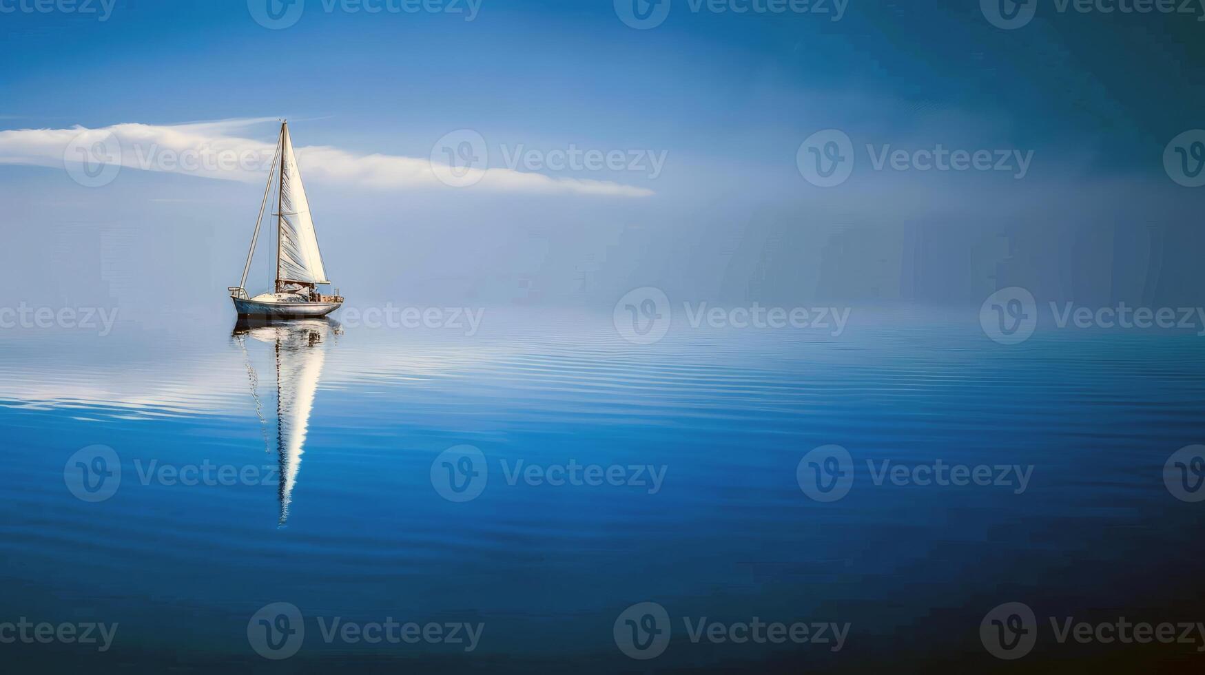 Sailboat drifting lazily on calm lake, its sails billowing in the gentle summer breeze photo