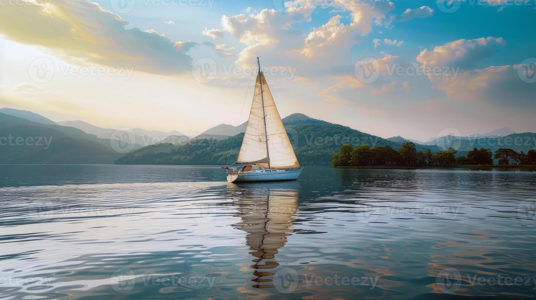 Sailboat drifting lazily on calm lake, its sails billowing in the gentle summer breeze photo