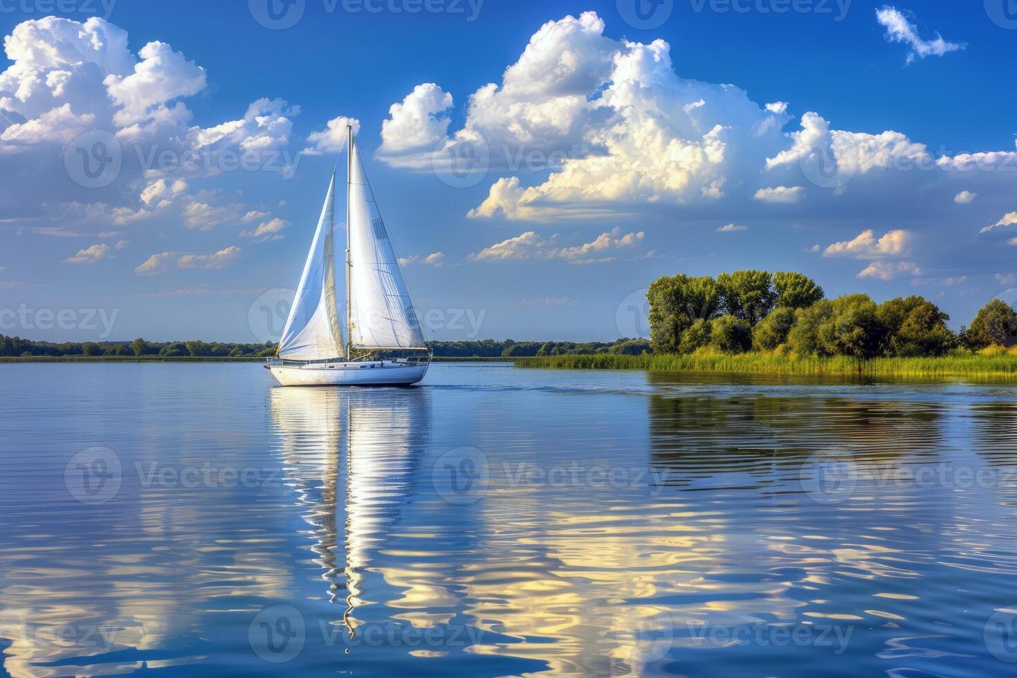 Sailboat drifting lazily on calm lake, its sails billowing in the gentle summer breeze photo