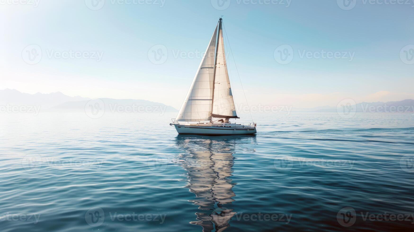 velero a la deriva perezosamente en calma lago, sus paño ondulante en el amable verano brisa foto