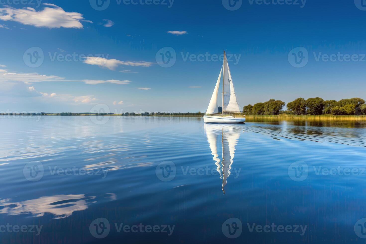 Sailboat drifting lazily on calm lake, its sails billowing in the gentle summer breeze photo