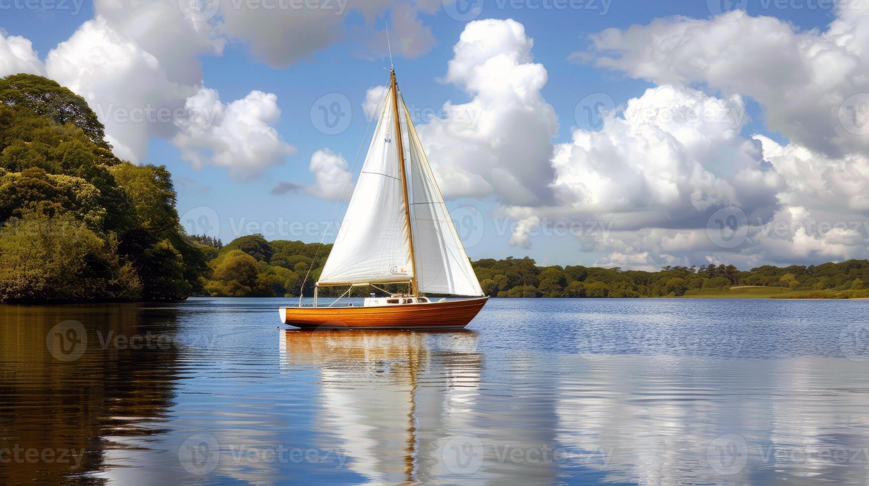 Sailboat drifting lazily on calm lake, its sails billowing in the gentle summer breeze photo