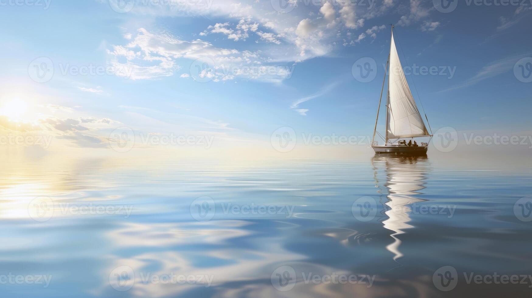 Sailboat drifting lazily on calm lake, its sails billowing in the gentle summer breeze photo