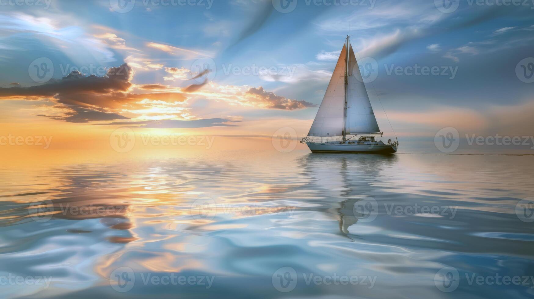 Sailboat drifting lazily on calm lake, its sails billowing in the gentle summer breeze photo