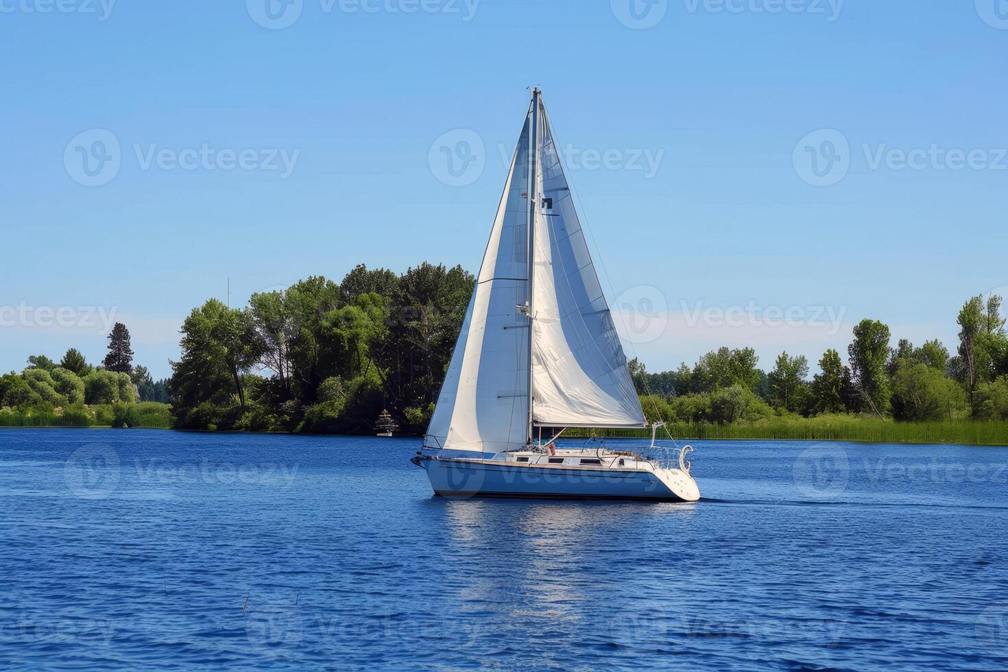 Sailboat drifting lazily on calm lake, its sails billowing in the gentle summer breeze photo