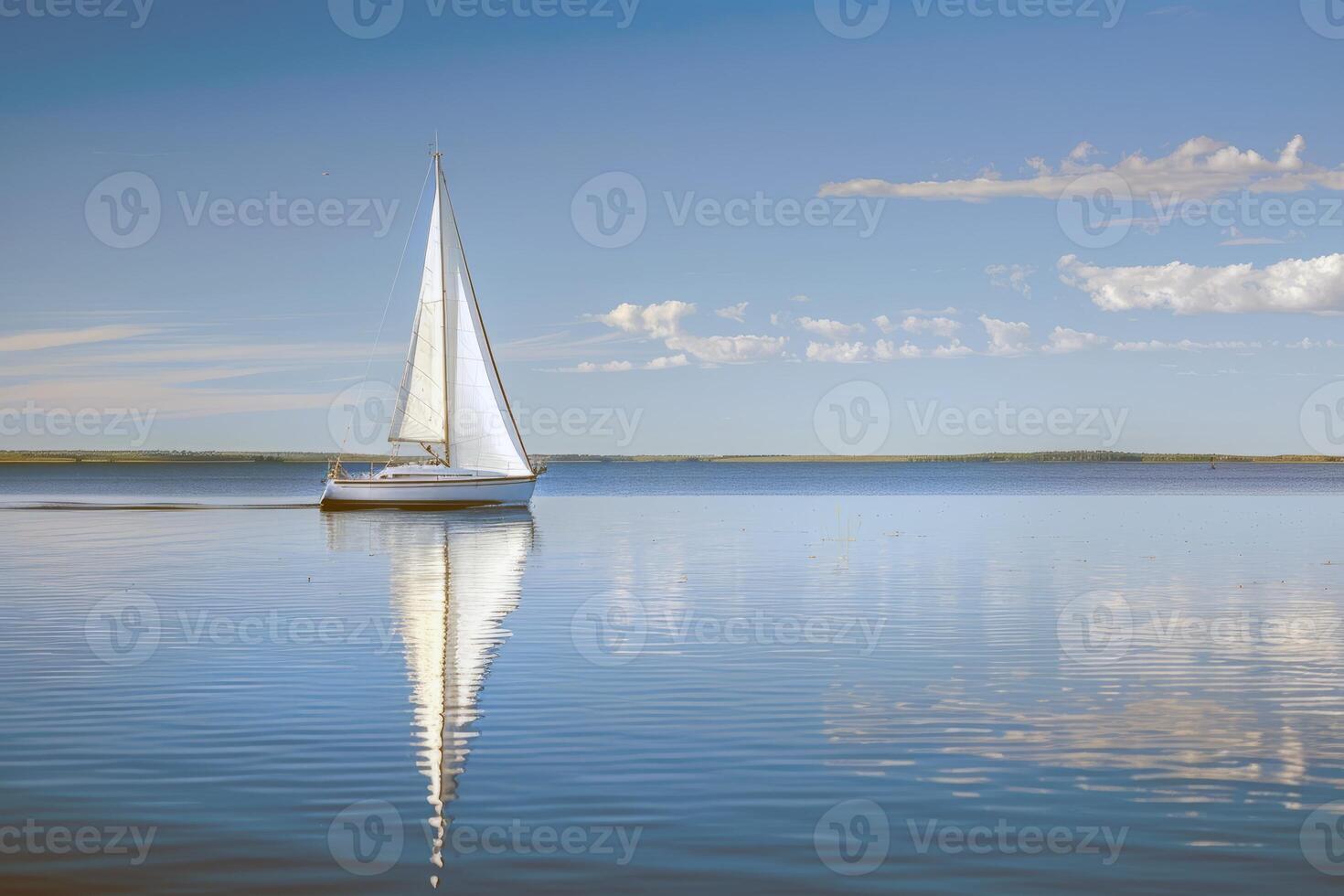 Sailboat drifting lazily on calm lake, its sails billowing in the gentle summer breeze photo