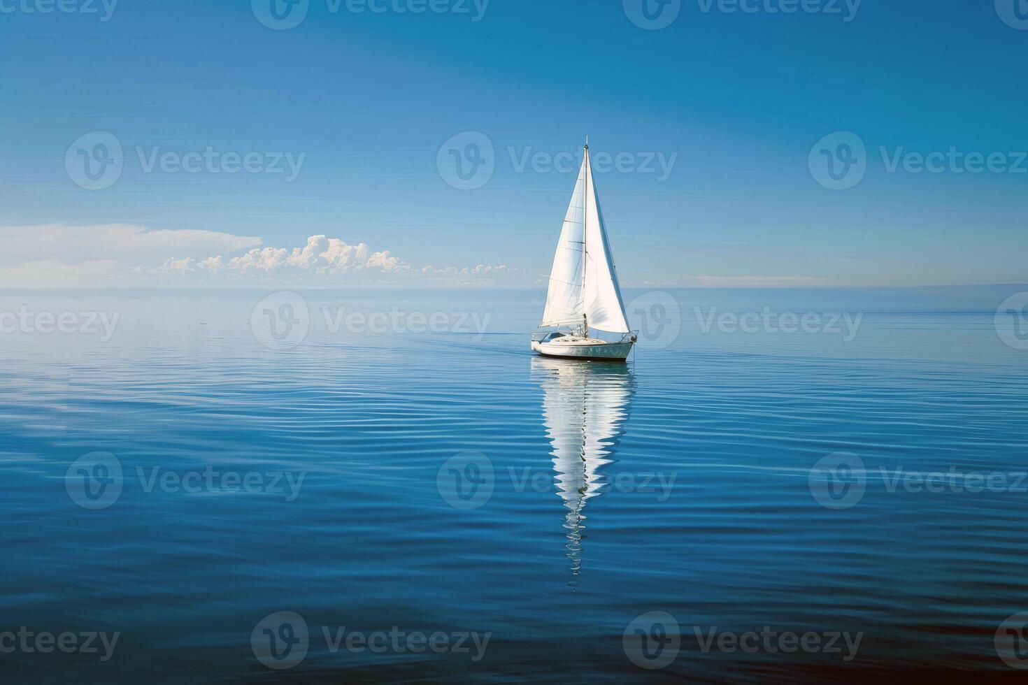 Sailboat drifting lazily on calm lake, its sails billowing in the gentle summer breeze photo