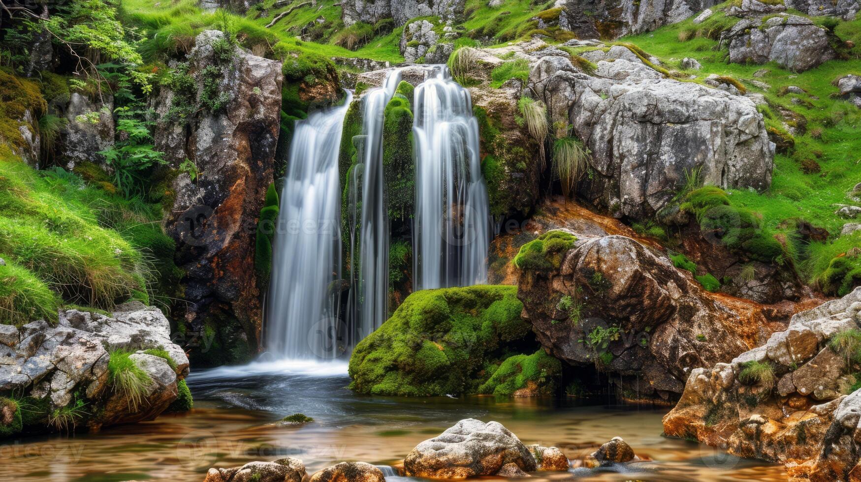 Majestic waterfall cascading down moss-covered rocks into refreshing pool below photo
