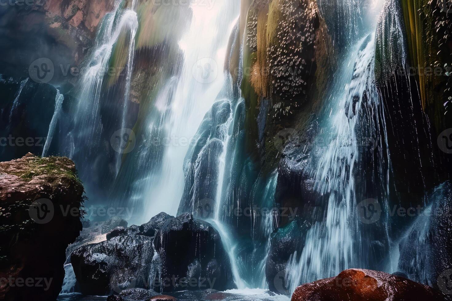 Majestic waterfall cascading down moss-covered rocks into refreshing pool below photo