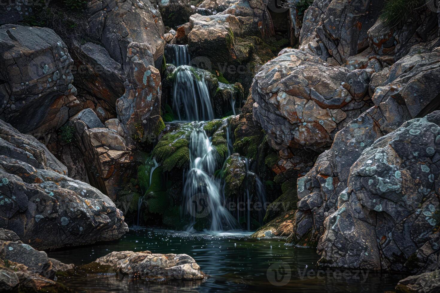 Majestic waterfall cascading down moss-covered rocks into refreshing pool below photo